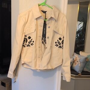 DRIFTWOOD Beige Jean Jacket with Black Floral Design Brand New